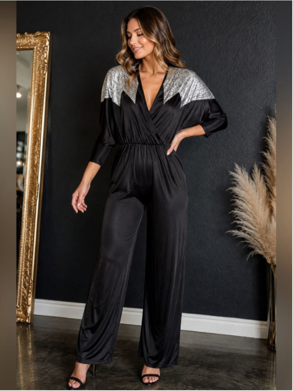 Vintage Style Metallic Accent Black Jumpsuit Costume Size S or M Retro Glam